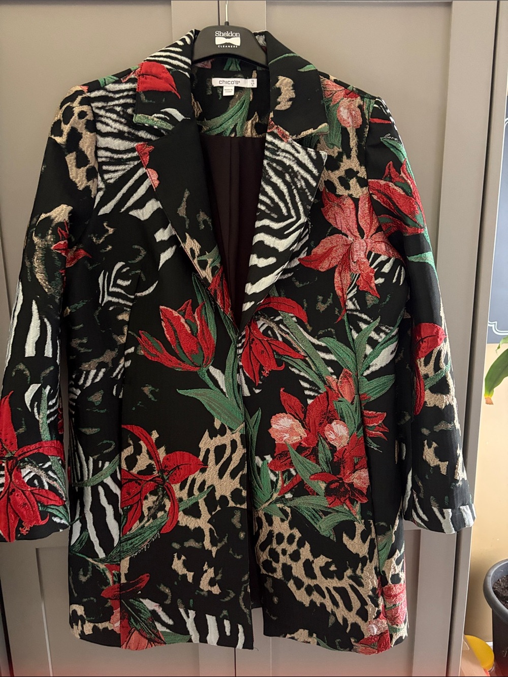 Chico's Black Floral & Animal Print Blazer with Red and Green Accents